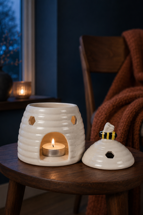 White Ceramic Beehive Oil Burner with Bee Lid