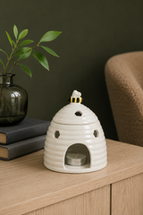 White Ceramic Beehive Oil Burner with Bee Lid
