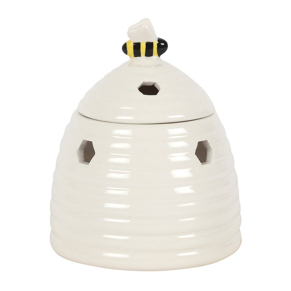 White Ceramic Beehive Oil Burner with Bee Lid