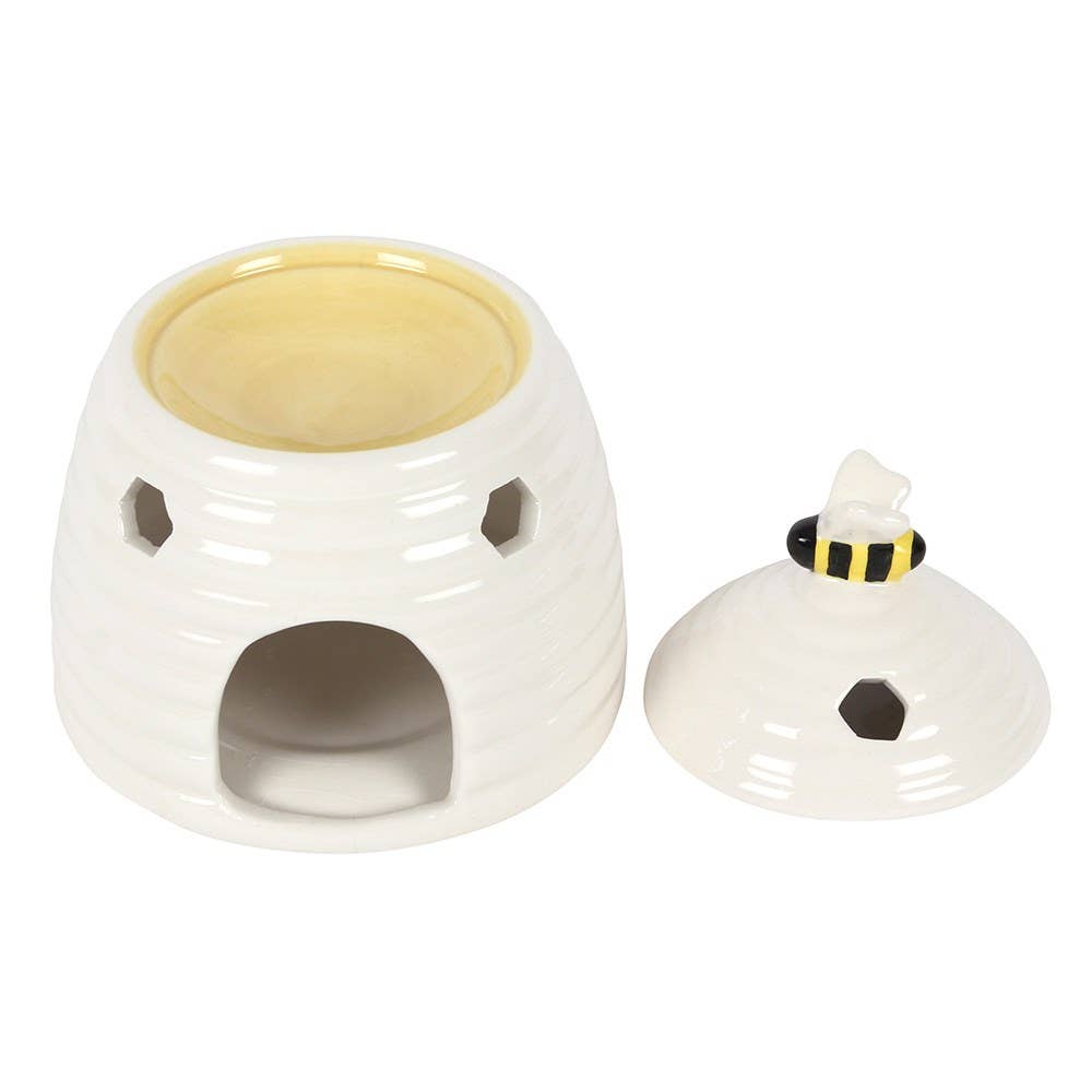 White Ceramic Beehive Oil Burner with Bee Lid