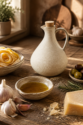 A rustic beige ceramic oil bottle with a cork stopper sits on a wooden table surrounded by cooking ingredients, including a bowl of olive oil, garlic, parmesan cheese, olives, and pasta.