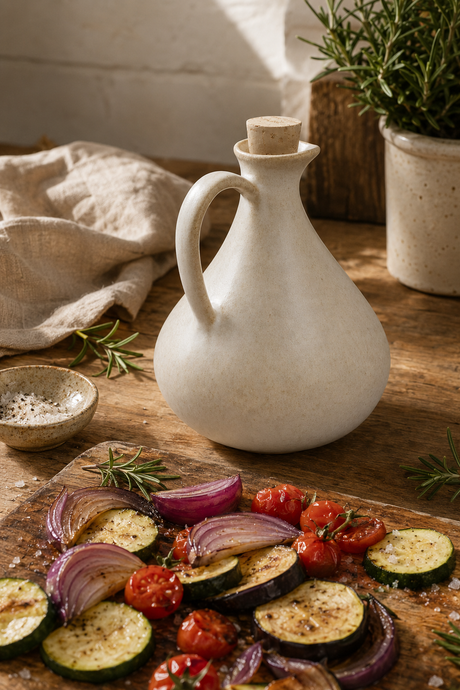 A matte off-white ceramic oil bottle with a cork stopper sits on a rustic wooden table next to a cutting board with roasted zucchini, red onion, and cherry tomatoes. A small bowl of salt and a potted rosemary plant are visible in the background.