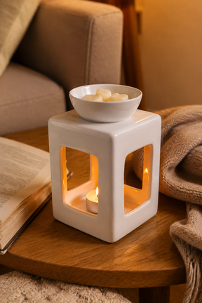 A white cube-shaped ceramic candle warmer with a bowl on top holding wax melts, placed on a wooden table in a cozy living room setting with a book and blanket nearby.