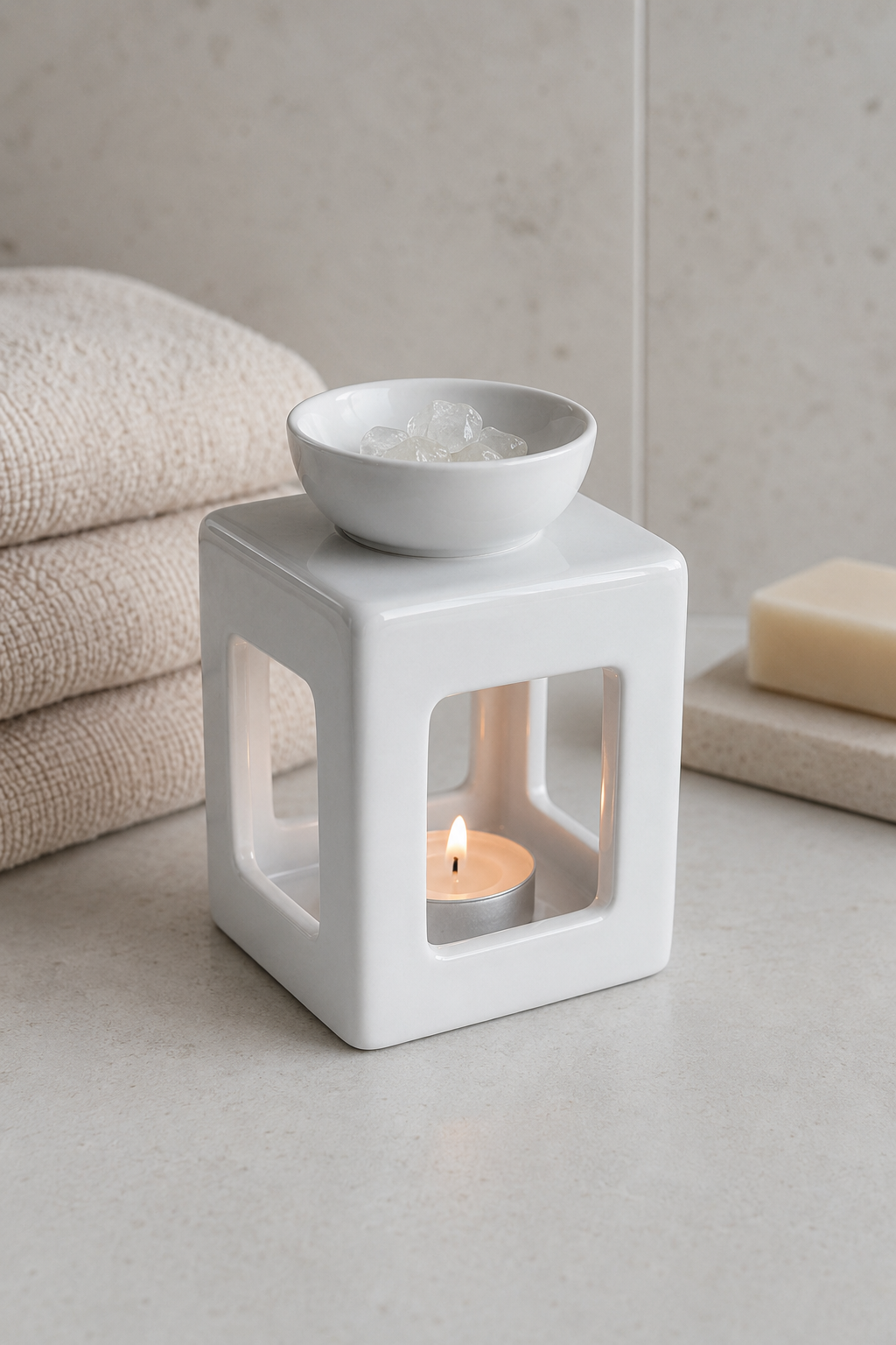 A white square ceramic candle warmer with a lit tea light candle inside and a small white bowl on top containing ice, styled on a light stone surface with folded towels and a bar of soap in the background.
