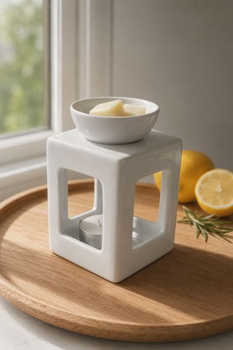 A white ceramic cube-shaped scented candle warmer with a small bowl on top holding lemon slices, placed on a round wooden tray near a window. A tealight candle sits inside, with lemons and rosemary visible in the background.