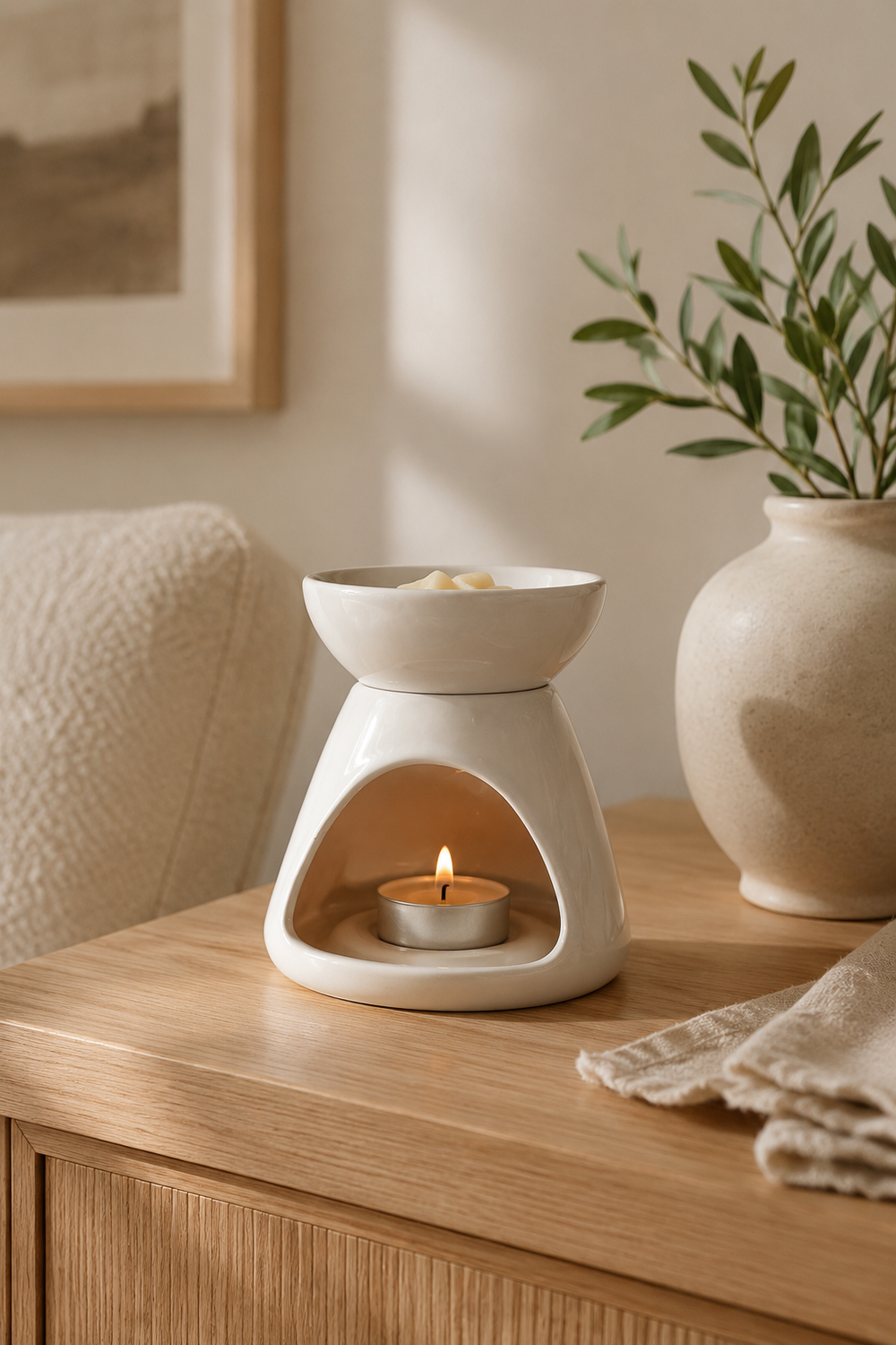 White ceramic oil diffuser with a lit candle on a wooden surface, next to a vase with greenery.