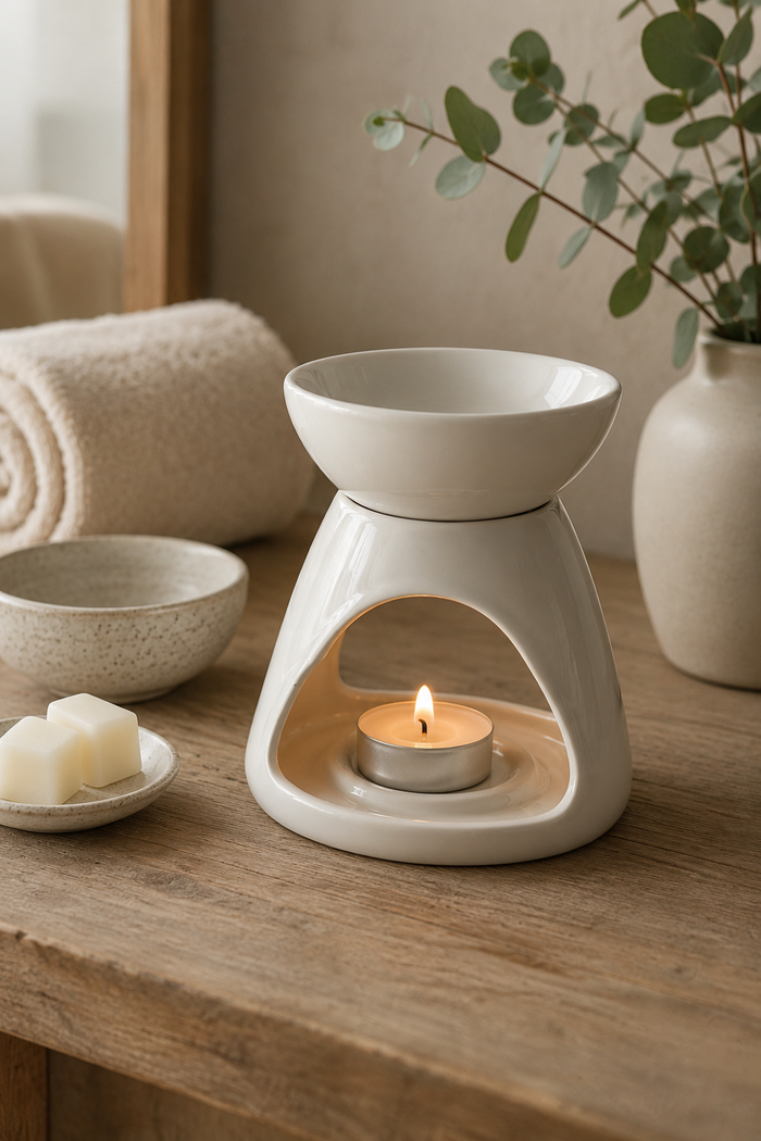 White ceramic oil burner with a lit candle on a wooden surface, surrounded by decorative items.