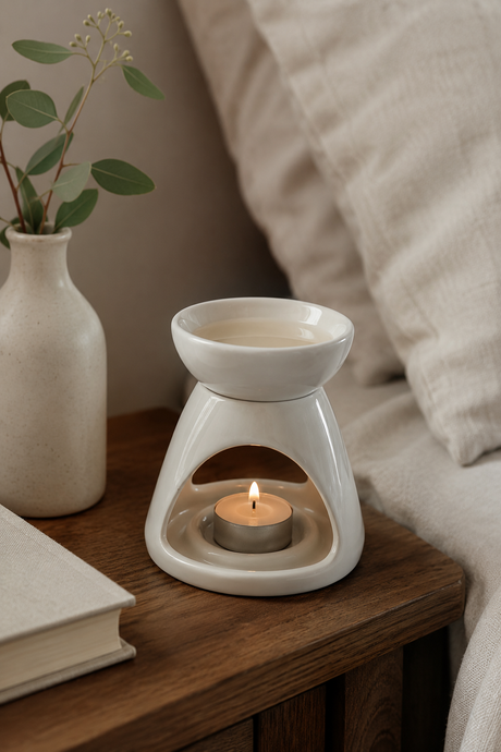 White ceramic oil burner with a lit candle on a wooden surface next to a vase and book.