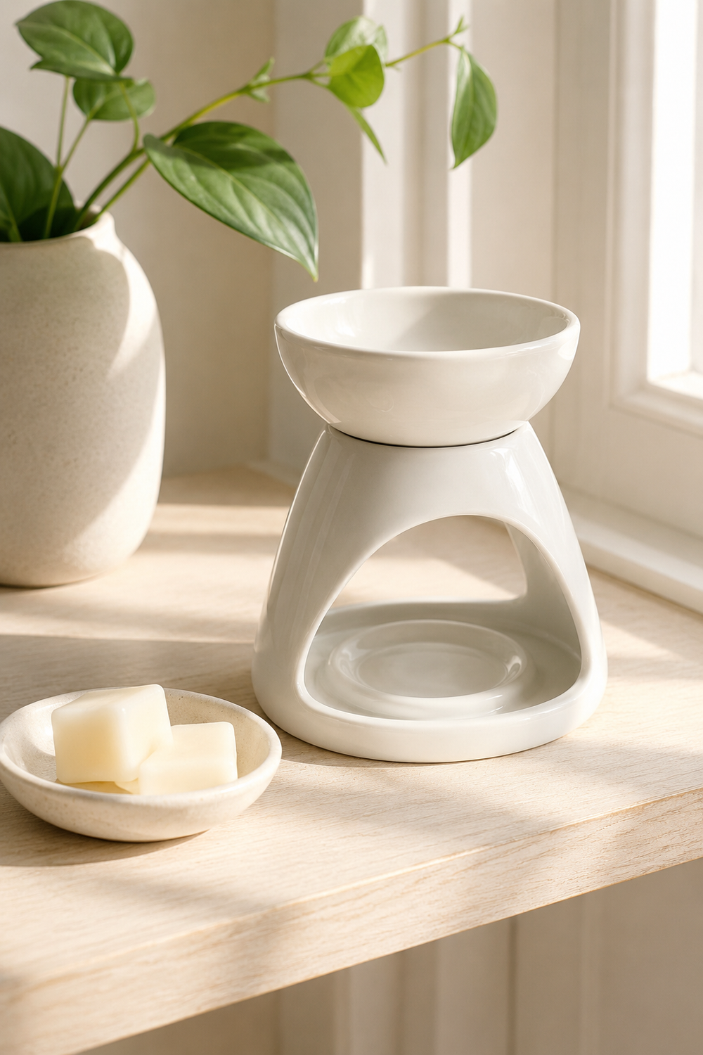White ceramic oil burner on a wooden surface with a plant in the background