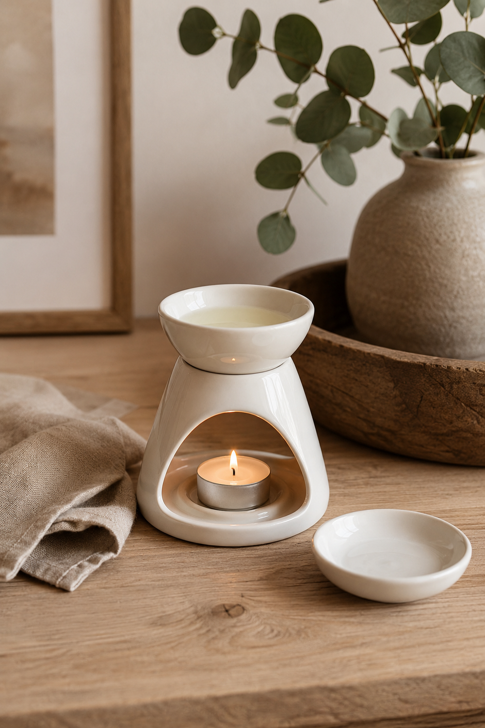 White ceramic oil burner with a lit candle on a wooden surface, surrounded by a towel and plant.