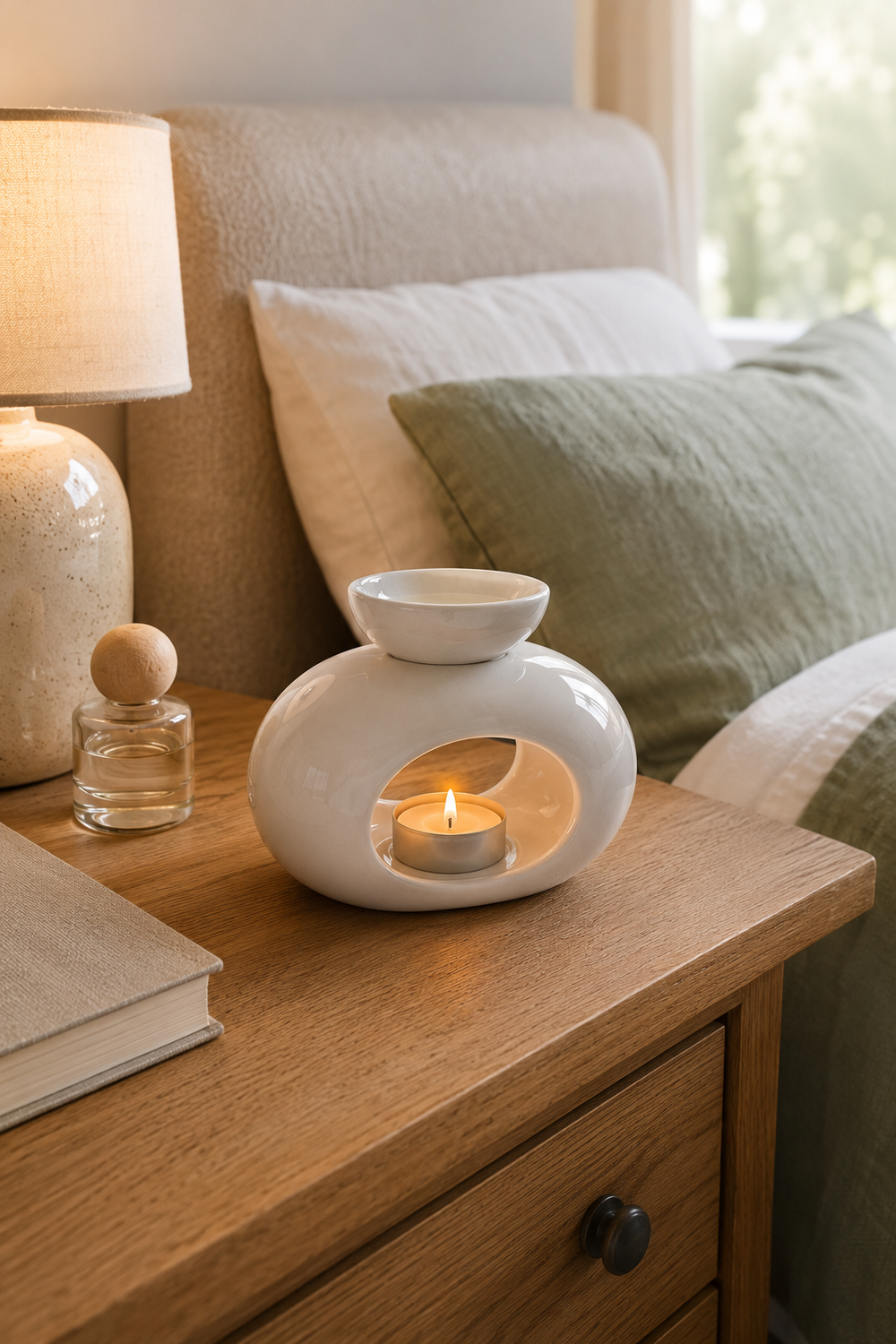 White ceramic oil burner glowing on an oak bedside table in a warm bedroom with sage green linen bedding.