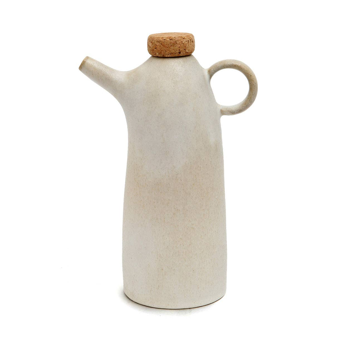 White ceramic oil dispenser with cork lid on a white background