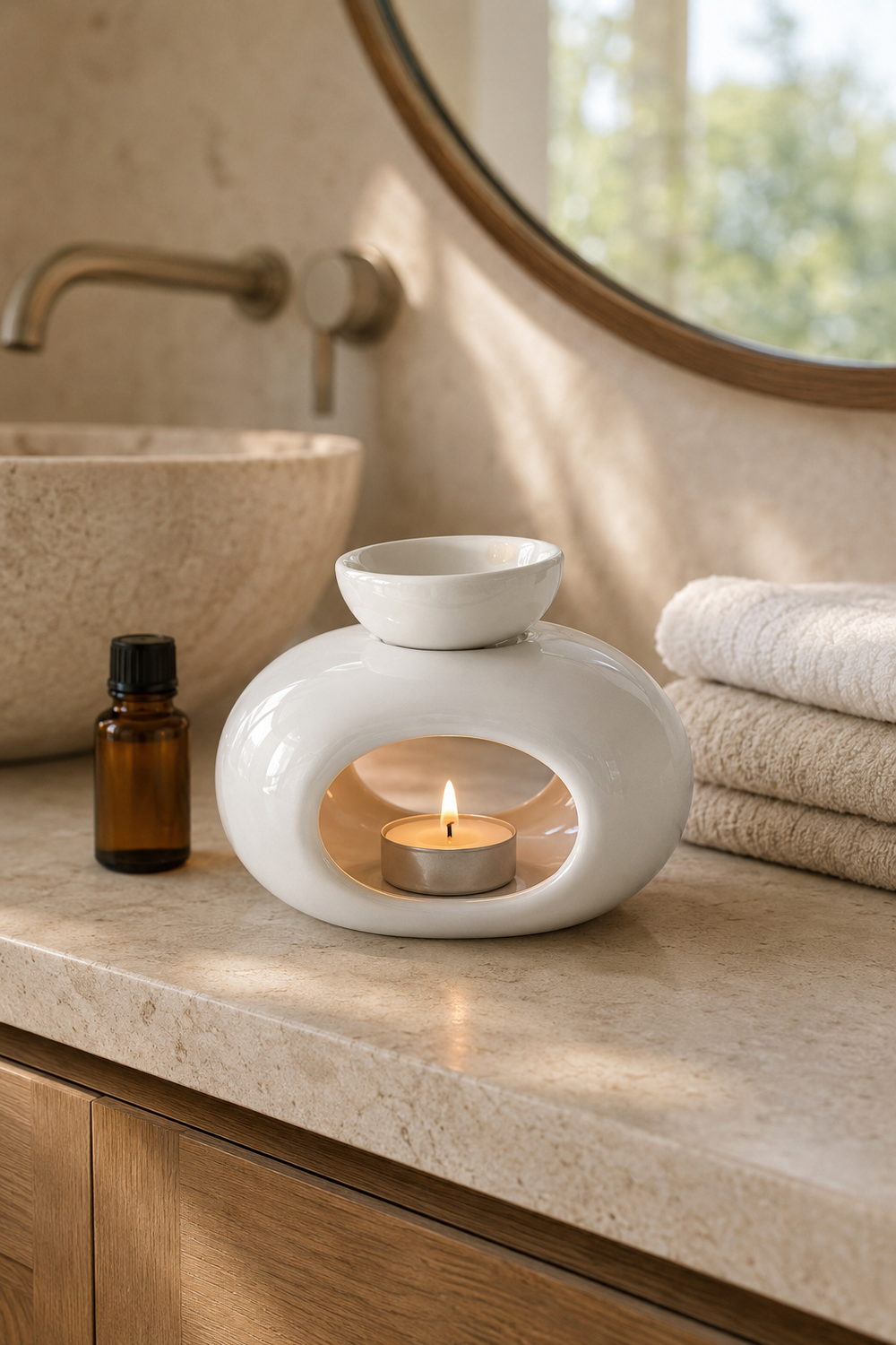 White oval ceramic oil burner with a lit tealight, displayed on a limestone bathroom vanity beside towels and fragrance oil.