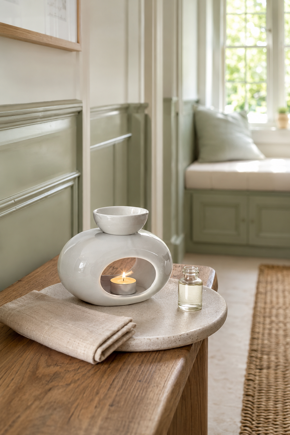 White ceramic oil burner displayed on a stone tray in a sage green hallway, with a lit tealight and fragrance oil.