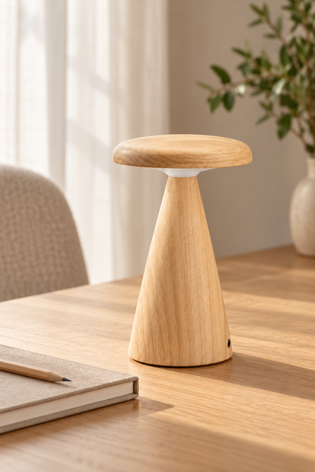 Compact LED table lamp in white ash wood and frosted acrylic. Features touch controls, warm white lighting, seven rotating RGB colours and a fixed-colour setting. Rechargeable via USB-C for cordless use. Suitable for ambient lighting on bedside tables, shelves and desks.