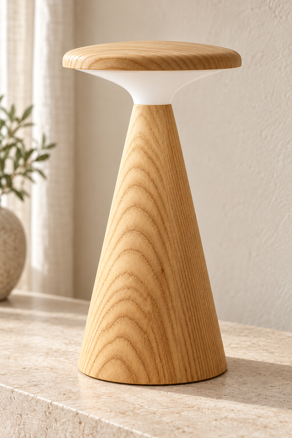 A modern table lamp with a tapered wooden base and a wide, rounded wooden top, featuring a white collar detail, shown on a stone surface in a warm interior setting.
