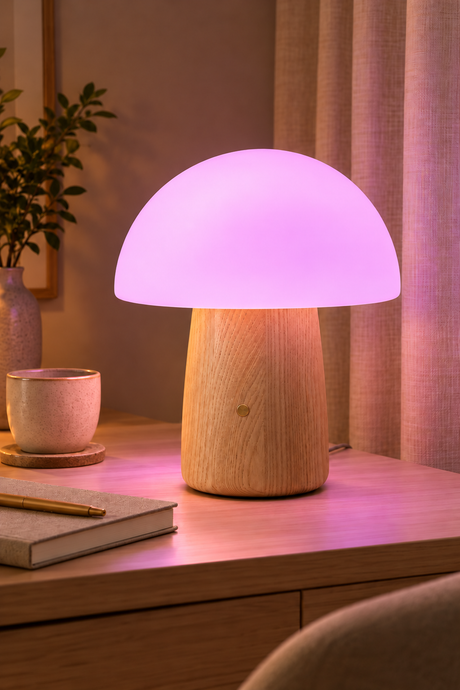 Large white ash Alice Mushroom Lamp glowing pink on a wooden desk beside a notebook and ceramic cup.