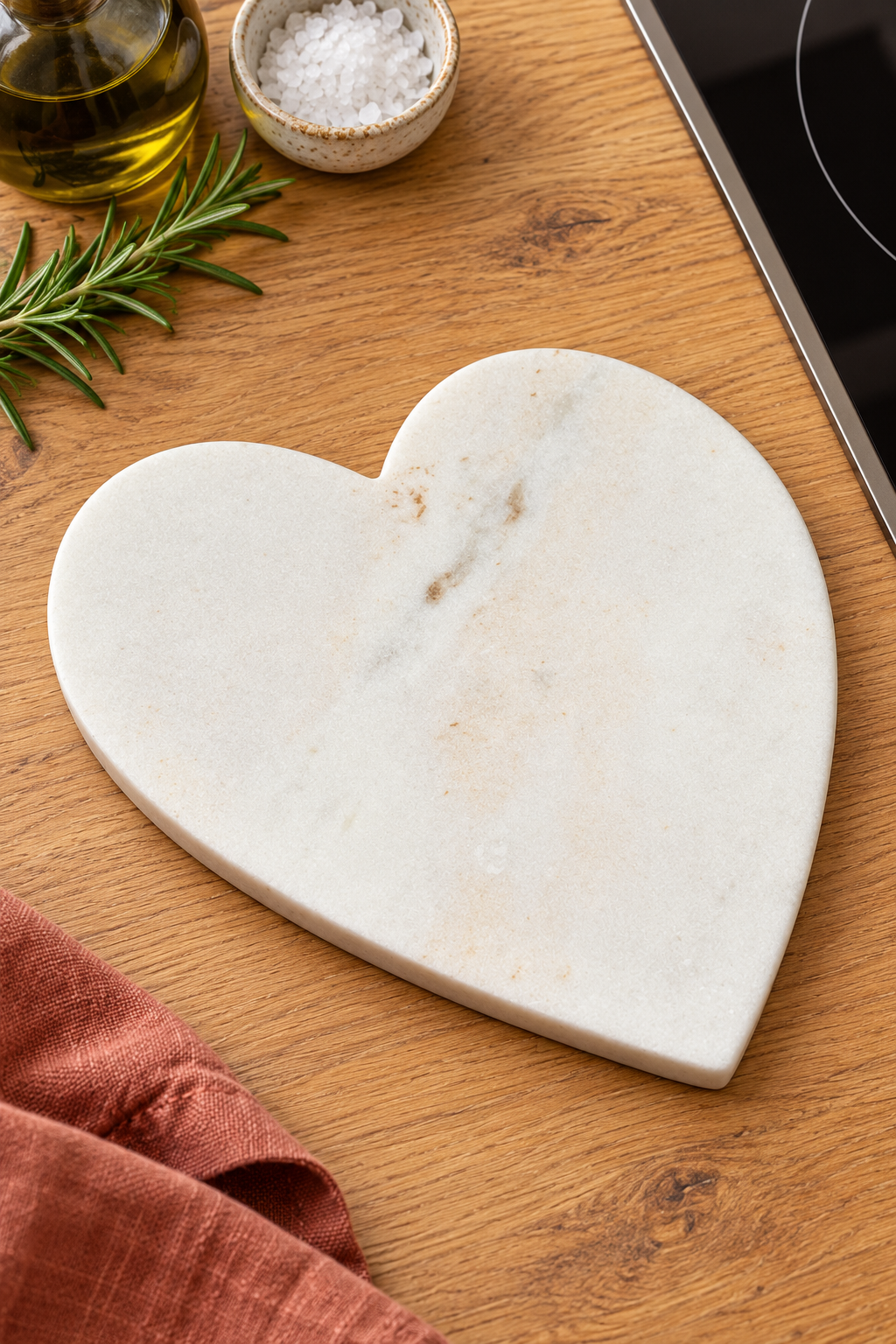 White marble heart trivet measuring 23 × 27cm, with individual natural markings. A useful kitchen accessory and a thoughtful housewarming or wedding gift.
