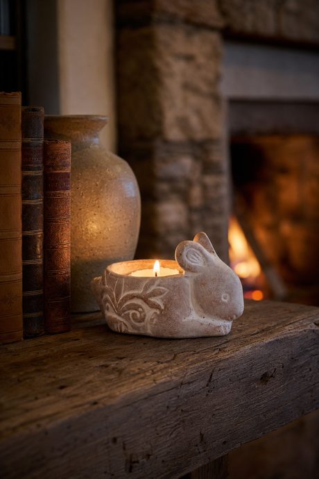 A small sculpted rabbit-shaped candle holder with carved floral details, holding a lit candle, displayed on a rustic wooden mantel next to books and a vase in front of a warm fireplace.