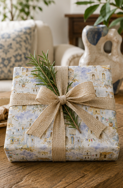A gift box wrapped in delicate pastel Whitewashed Village Watercolour Wrapping Paper with a rustic beige burlap ribbon and bow, decorated with a green sprig, resting on a wooden table in a cozy living room setting.