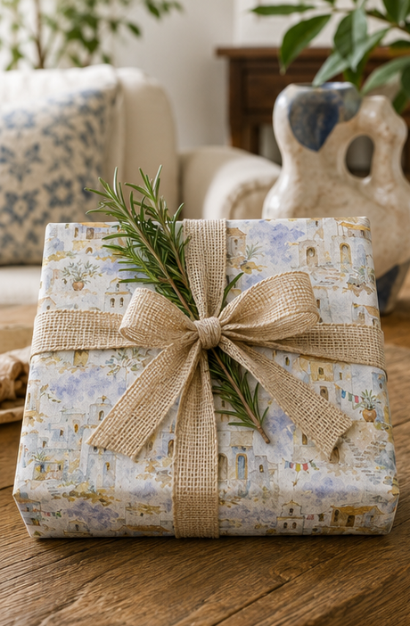 A gift box wrapped in delicate pastel Whitewashed Village Watercolour Wrapping Paper with a rustic beige burlap ribbon and bow, decorated with a green sprig, resting on a wooden table in a cozy living room setting.