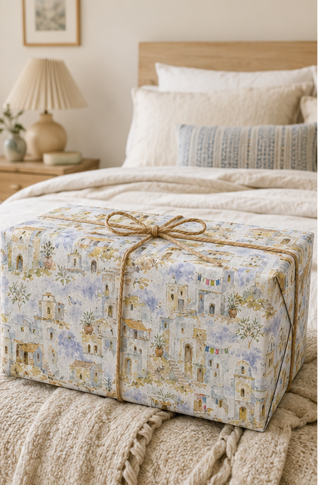 A gift box wrapped in a delicate Whitewashed Village Watercolour Wrapping Paper, tied with a natural jute twine bow, resting on a cozy beige knit blanket in a softly lit bedroom.