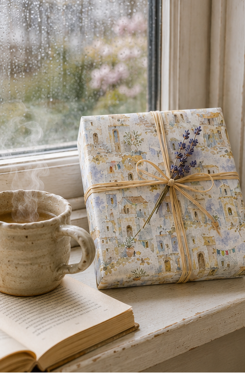 A wrapped gift box with a pastel architectural print and a small sprig of lavender, tied with a twine bow, sits on a windowsill beside a ceramic mug with steam and an open book. Raindrops are visible on the window.