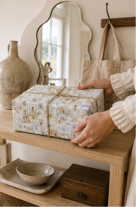 A person's hands are shown holding a Gift wrapped in a Whitewashed Village Watercolour Wrapping Paper wrapping with a twine bow, set on a wooden shelf in a warm, rustic interior.