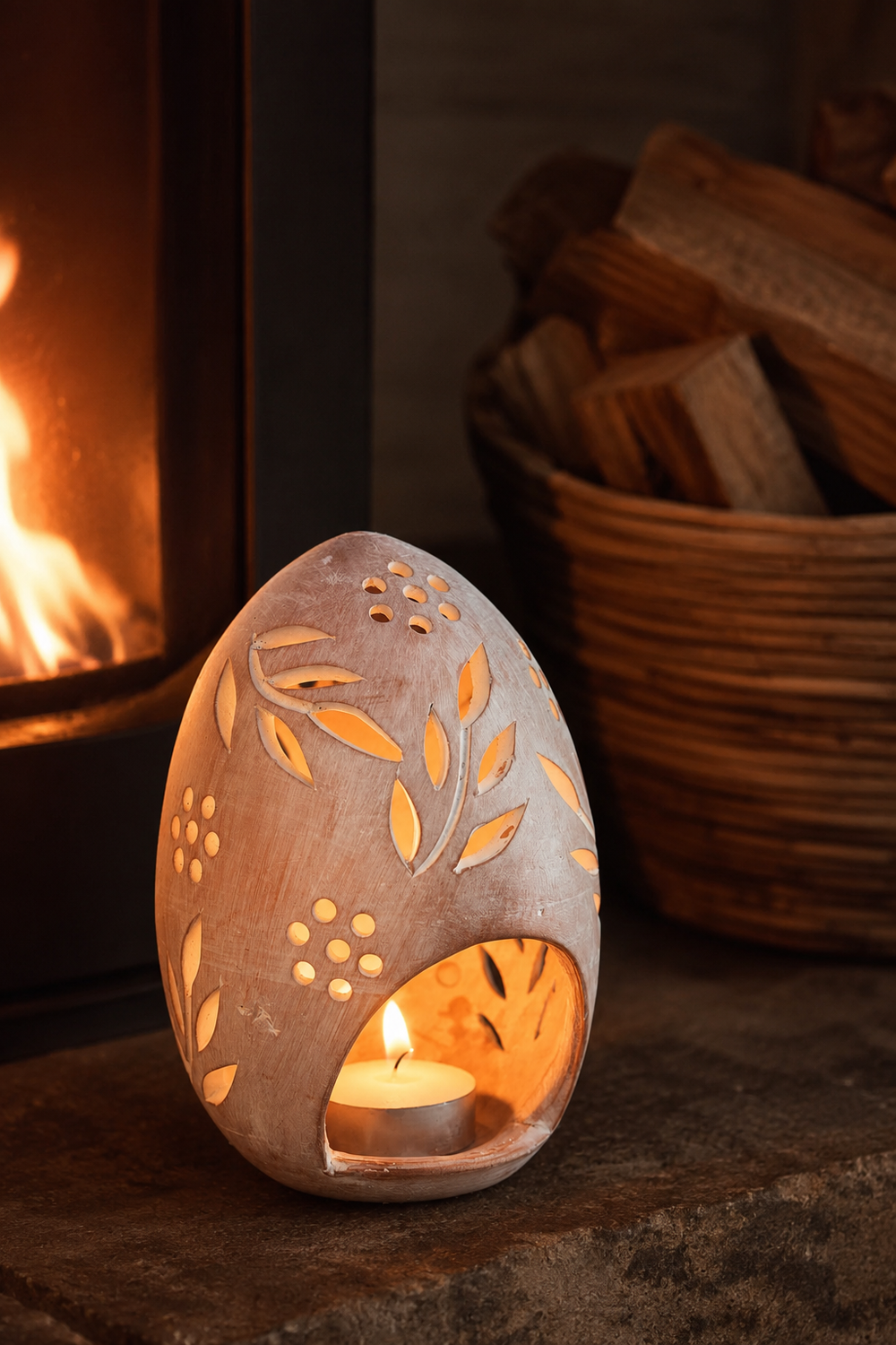 Whitewashed terracotta egg tealight lantern with hand-cut botanical leaves and small flower-shaped openings.