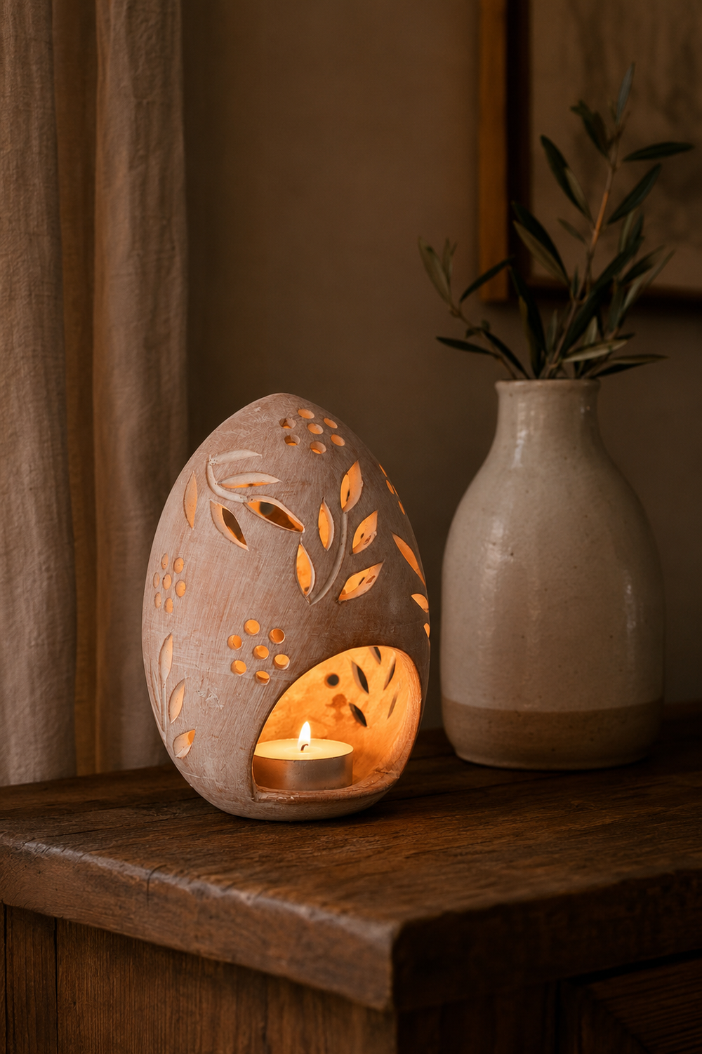 Whitewashed terracotta egg tealight lantern with hand-cut botanical leaves and small flower-shaped openings.
