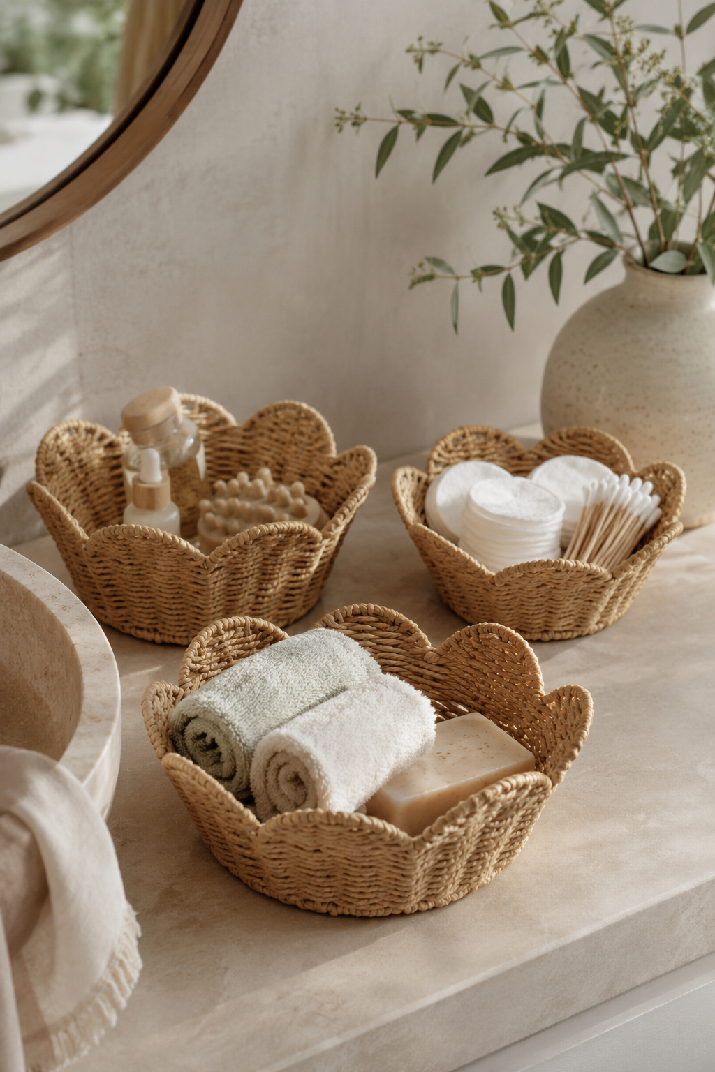Wicker baskets on a bathroom counter with towels, soap, and other items.