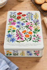 A rectangular metal tin decorated with a colorful vintage-style floral print, placed on a wooden tabletop with baking props like cookies and a cloth nearby.