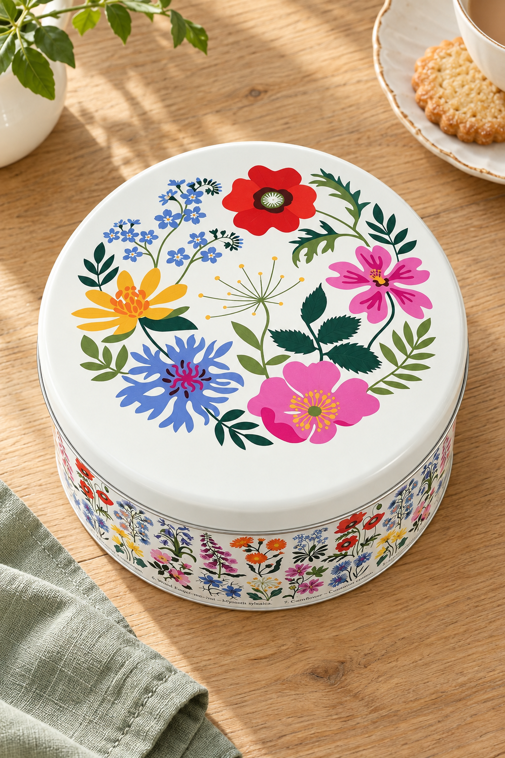 A round floral tin cake box, shown on a wooden table with its lid leaning behind it in a bright kitchen 
