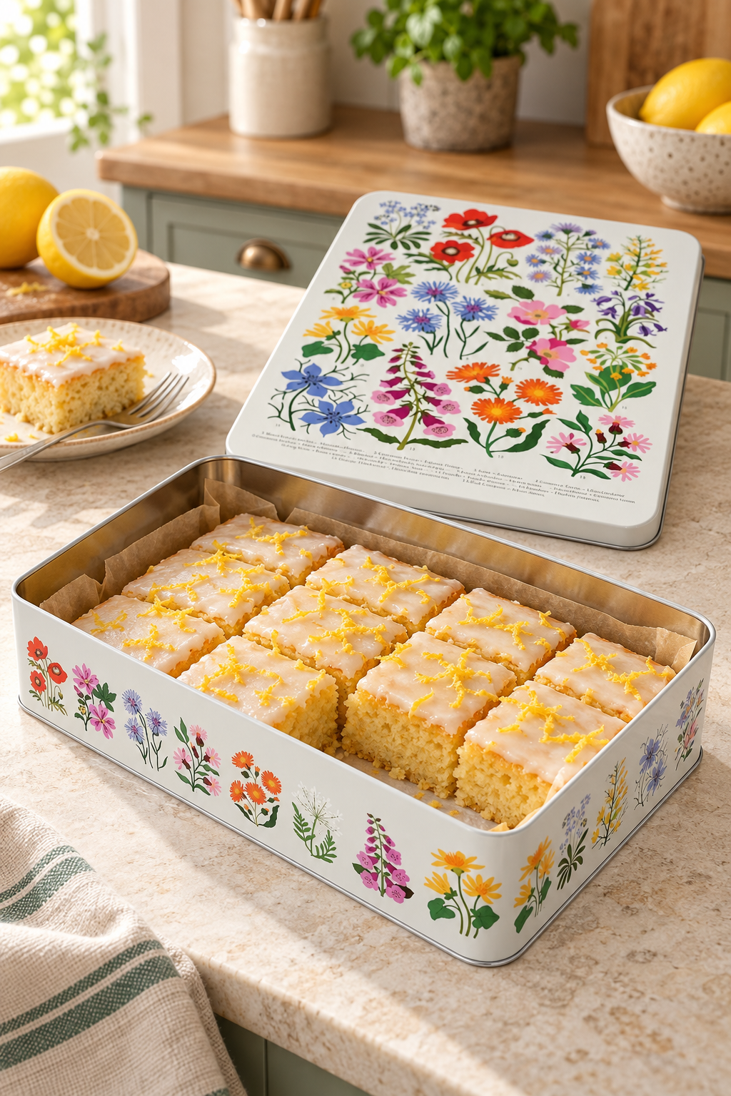 A decorative metal tin filled with small yellow sponge cake squares topped with white icing and yellow zest, set on a kitchen counter. The tin and its lid are decorated with colorful wildflower illustrations, and lemons, a plate, and a fork are visible nearby.