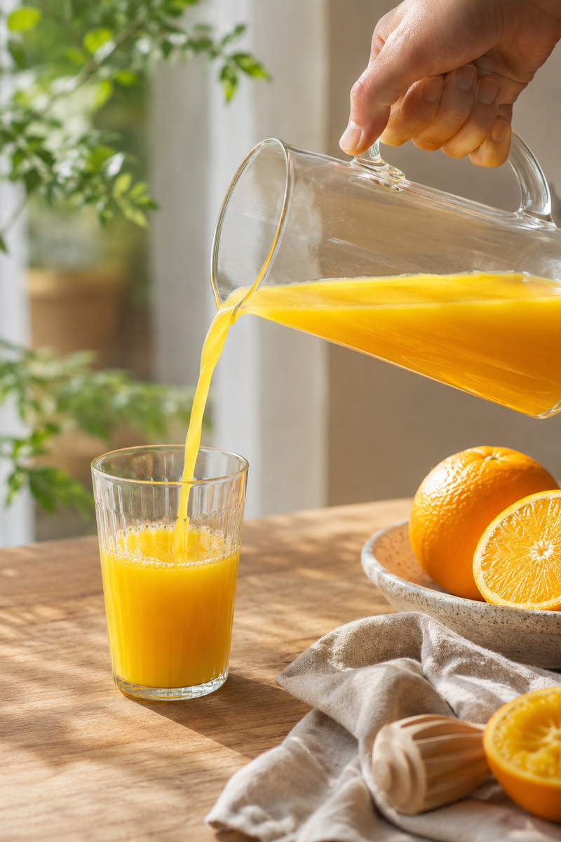 Orange juice being poured from a pitcher into a glass on a wooden table with oranges and a cloth. Winchcombe clear recycled glass serving jug with curved handle