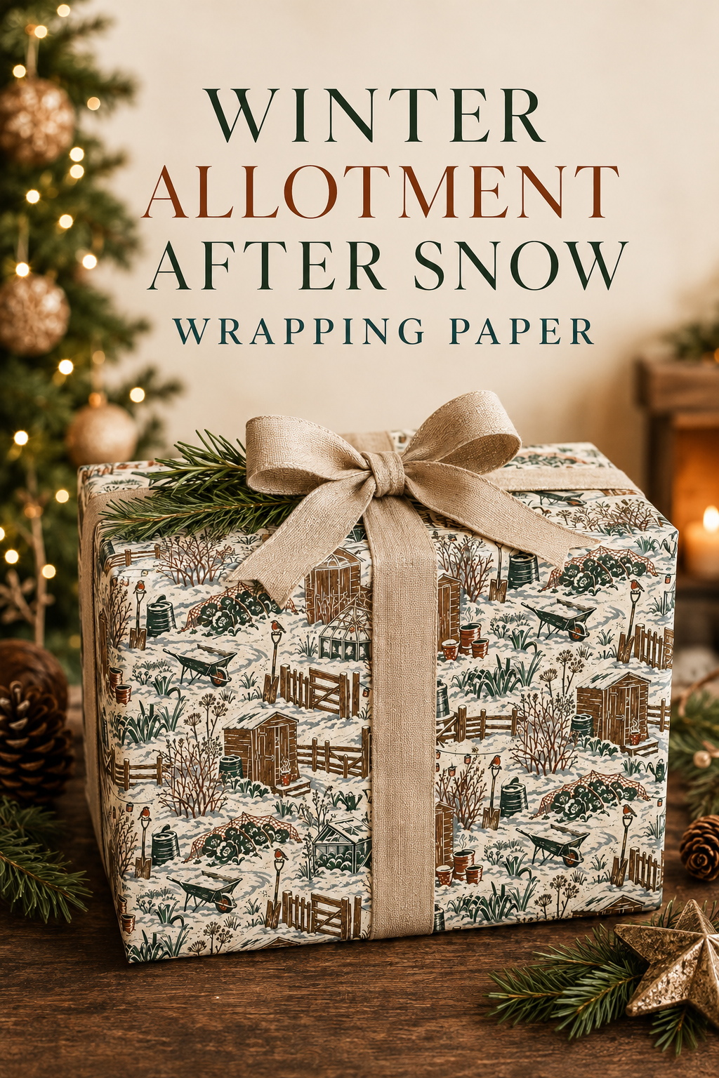 Snow-covered sheds, winter vegetables, cold frames, wheelbarrows and watchful robins fill this detailed allotment Christmas wrapping paper for gardeners and vegetable growers.