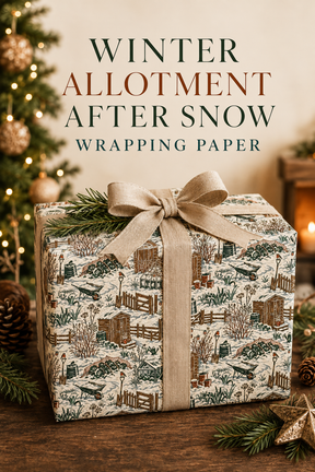 Snow-covered sheds, winter vegetables, cold frames, wheelbarrows and watchful robins fill this detailed allotment Christmas wrapping paper for gardeners and vegetable growers.
