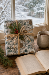 Winter allotment Christmas wrapping paper showing snow-covered sheds, fences, cold frames, cabbages, wheelbarrows, garden tools and robins in deep green and brown.