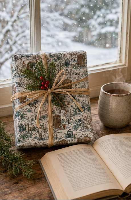 Winter allotment Christmas wrapping paper showing snow-covered sheds, fences, cold frames, cabbages, wheelbarrows, garden tools and robins in deep green and brown.