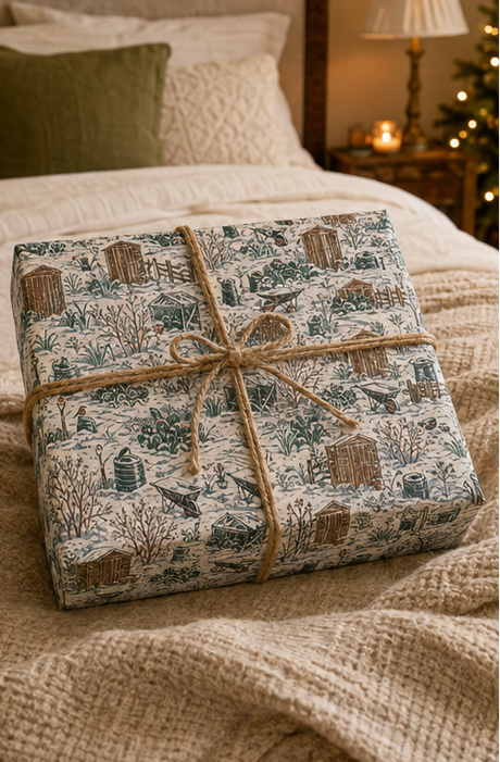 Winter allotment Christmas wrapping paper showing snow-covered sheds, fences, cold frames, cabbages, wheelbarrows, garden tools and robins in deep green and brown.