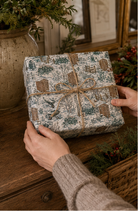 Winter allotment Christmas wrapping paper showing snow-covered sheds, fences, cold frames, cabbages, wheelbarrows, garden tools and robins in deep green and brown.
