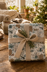 Winter allotment Christmas wrapping paper showing snow-covered sheds, fences, cold frames, cabbages, wheelbarrows, garden tools and robins in deep green and brown.