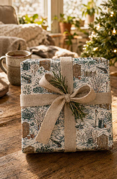 Winter allotment Christmas wrapping paper showing snow-covered sheds, fences, cold frames, cabbages, wheelbarrows, garden tools and robins in deep green and brown.