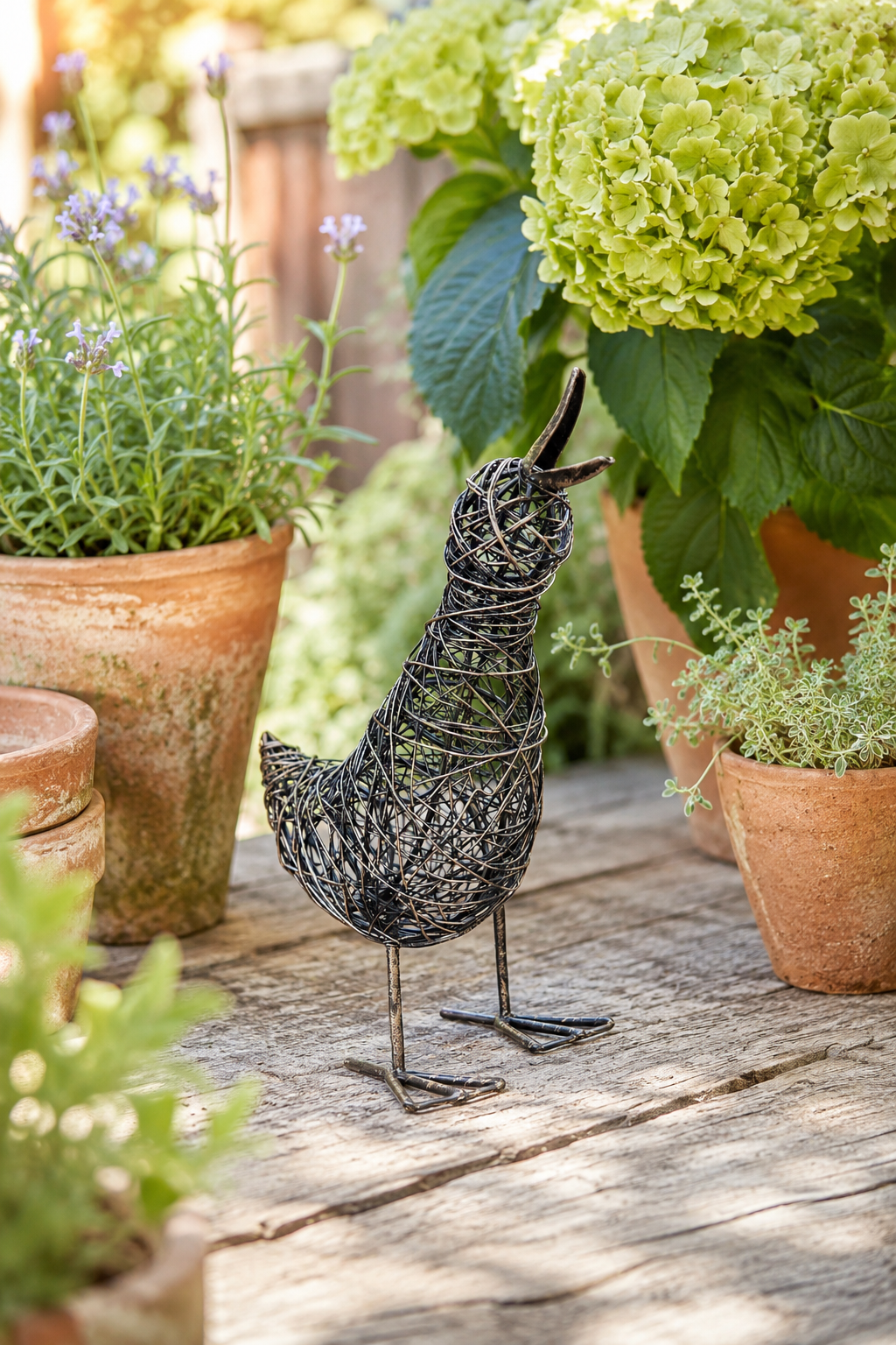 Decorative wire bird sculpture on a wooden surface with potted plants in the background