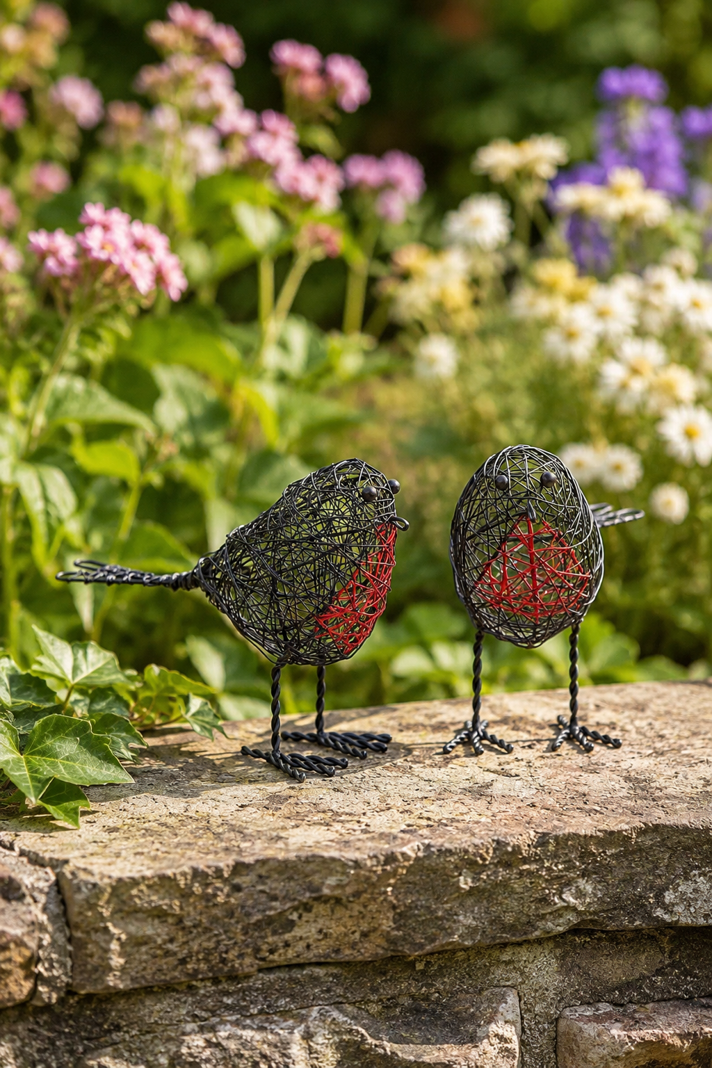 Two wire bird sculptures on a stone ledge with flowers in the background