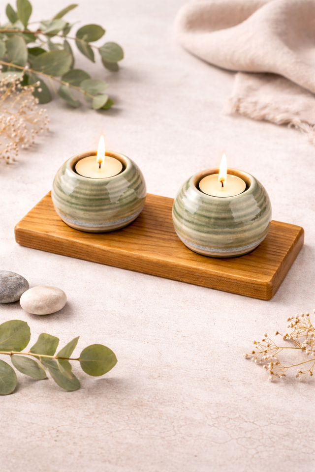 Two ceramic candle holders with lit candles on a wooden tray, surrounded by natural elements.