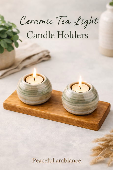 Ceramic tea light candle holders on a wooden board with candles lit, on a light background.