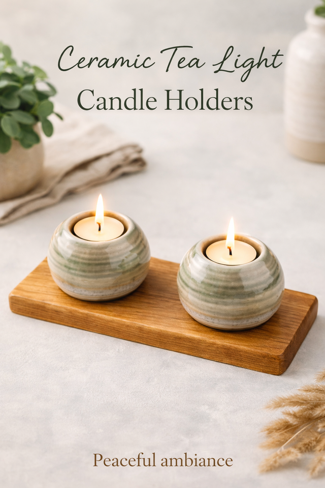 Ceramic tea light candle holders on a wooden board with candles lit, on a light background.