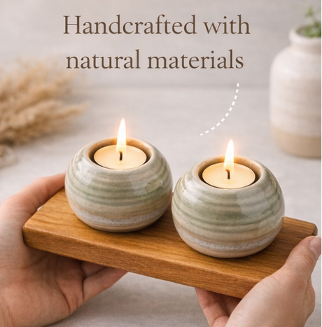 Set of ceramic candle holders on a wooden stand with candles, emphasizing a cozy atmosphere.
