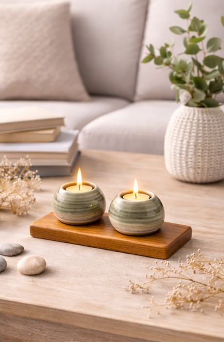 ceramic candle holders on wooden table 